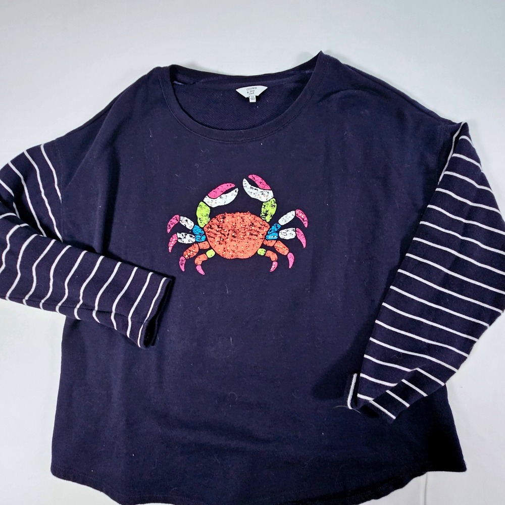 Crown & Ivy Woman Sweatshirt Navy Blue Crab Graphic Studded Striped Sleeves 3X
